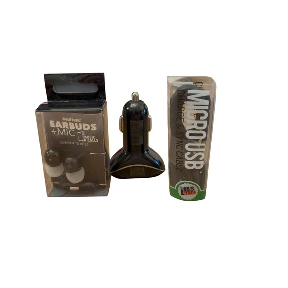 Soulzone Earbuds Plug & Co Car Charger + Micro USB Cable Music Calls New - Picture 1 of 5